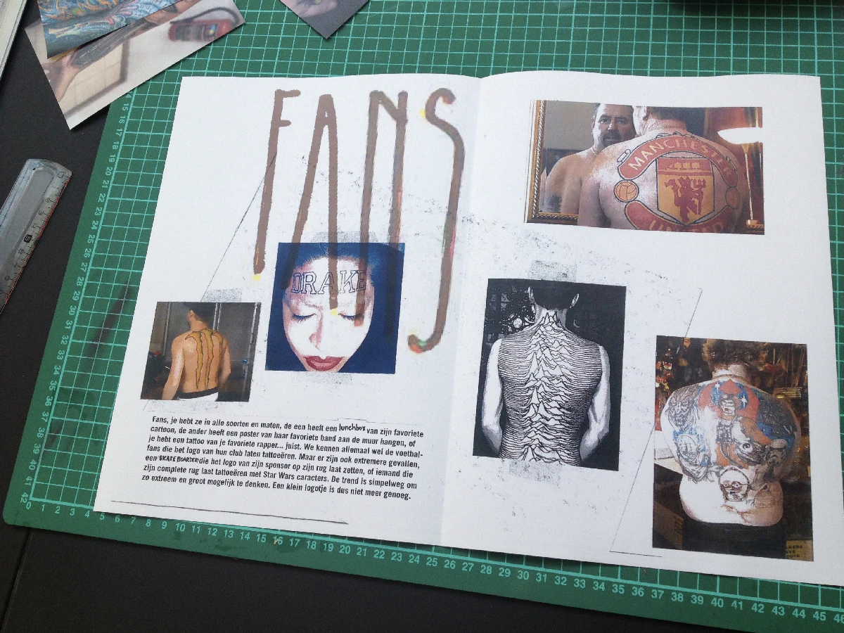 Pages from a zine I made about tattoos. These pages are about 'fan tattoos'.