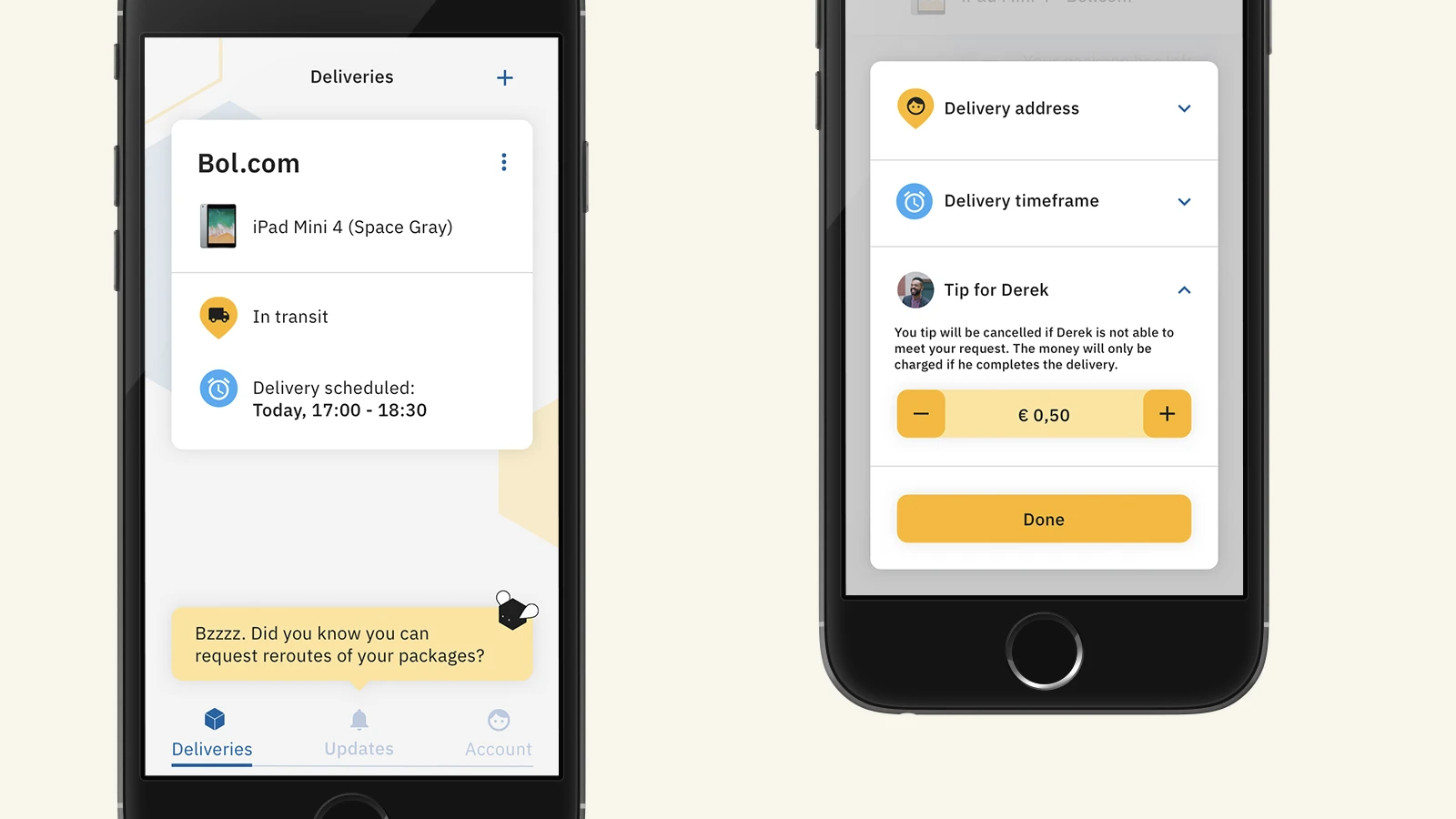 Two screens showing a popup message and the tipping interaction.