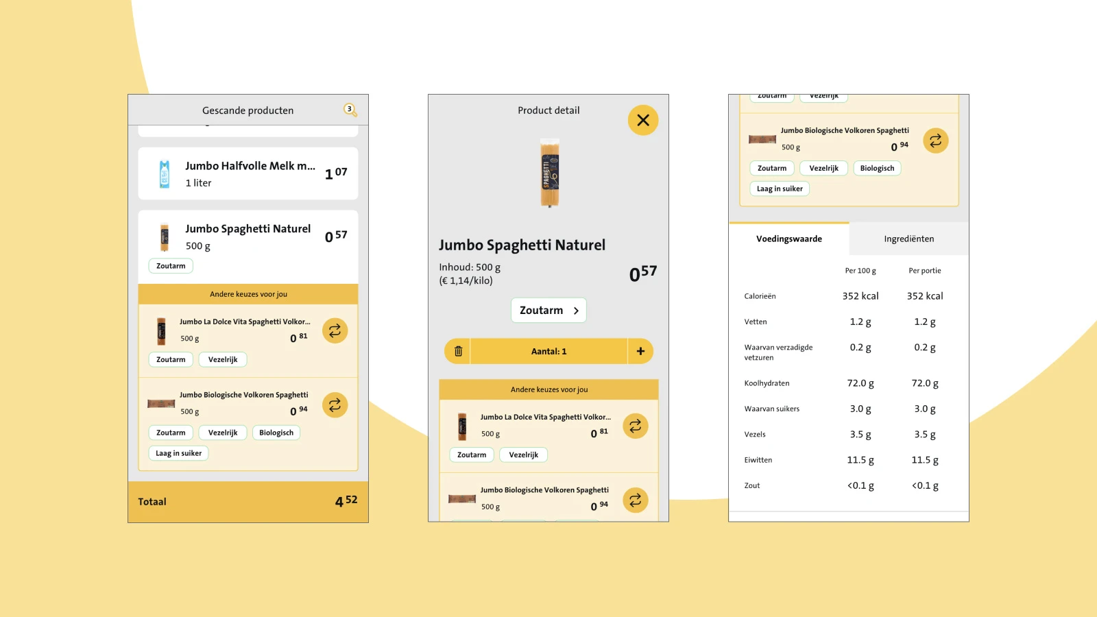 Three screens showing the interaction of looking up more information about a product.